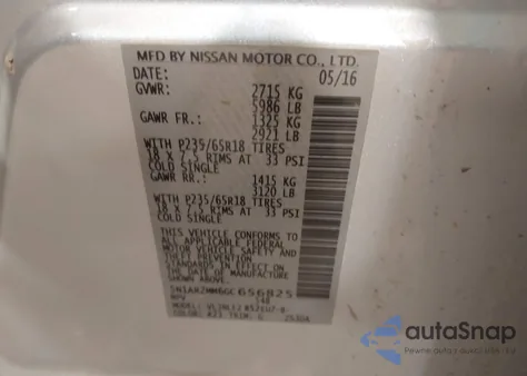 2016 Nissan Pathfinder Sv z USA, uszkodzony, nr VIN 5N1AR2MM6GC656825